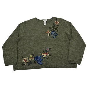Koret Women’s Floral Wool Blend Embroidery Knit Sweater Green Sz XL Grannycore